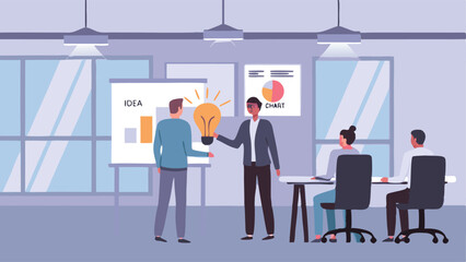 Fototapeta premium Team members collaborating on new ideas in a meeting room with charts and graphs on the whiteboard