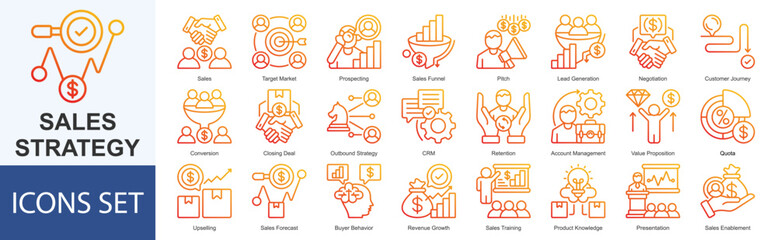 Sales Strategy icon set vector illustration Outline Gradient Style Sales, Target Market, Prospecting, Sales Funnel, Pitch, Lead Generation, Negotiation, Customer Journey, Conversion, Closing Deal