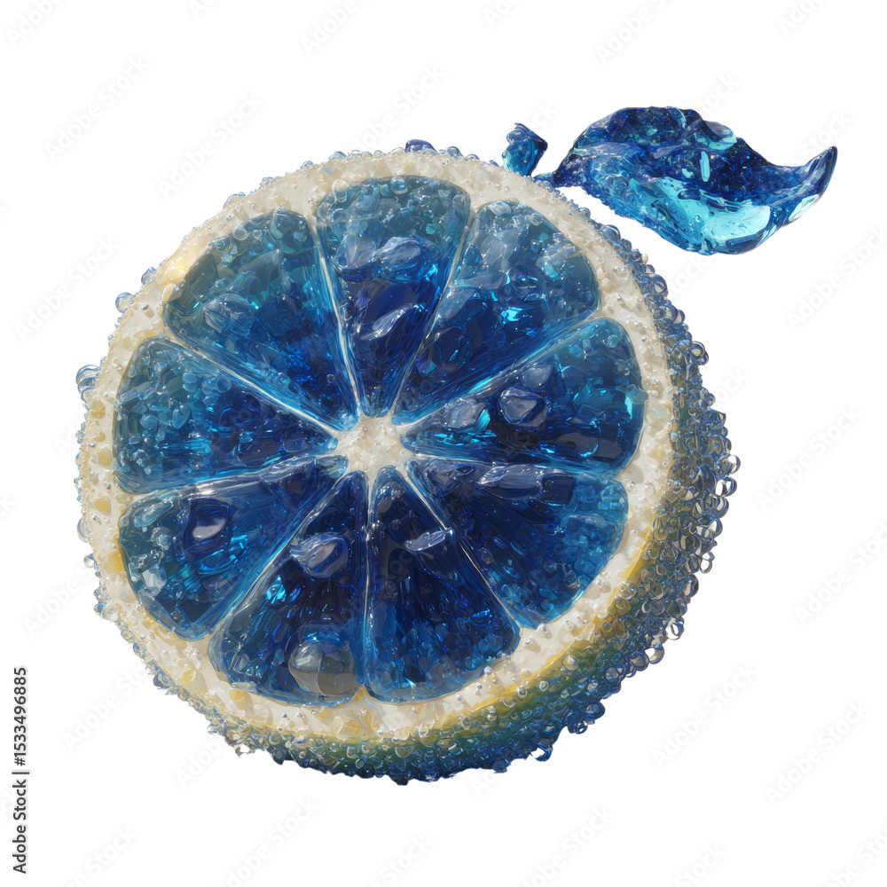 Poster blue fruit slice with a glossy texture and translucent leaf detail