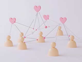 3D rendering of social network connection with people and heart icons on white background