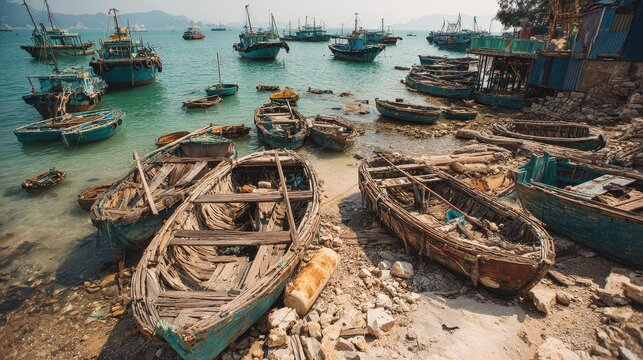 Rustic Boats on Shoreline with Calm Water and Mountains in Background
