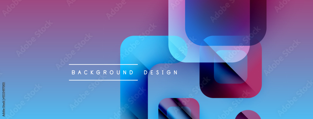 Poster Abstract geometric shapes overlap, creating vibrant blue, purple gradients. Text reads background design centered below forms. Modern visual composition.