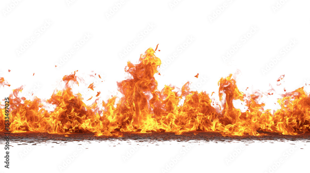 Poster intense fire flames border design on white background for compositing use