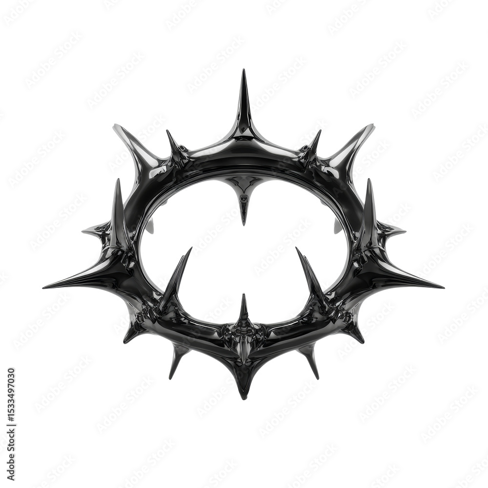 Poster conceptual metallic thorn crown with sharp spikes, isolated on white