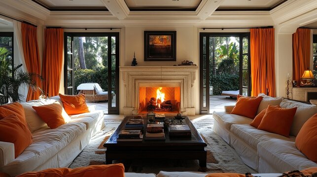 Cozy living room with a fireplace at the center, offering a warm and inviting ambiance perfect for modern living in a stylish, contemporary home.