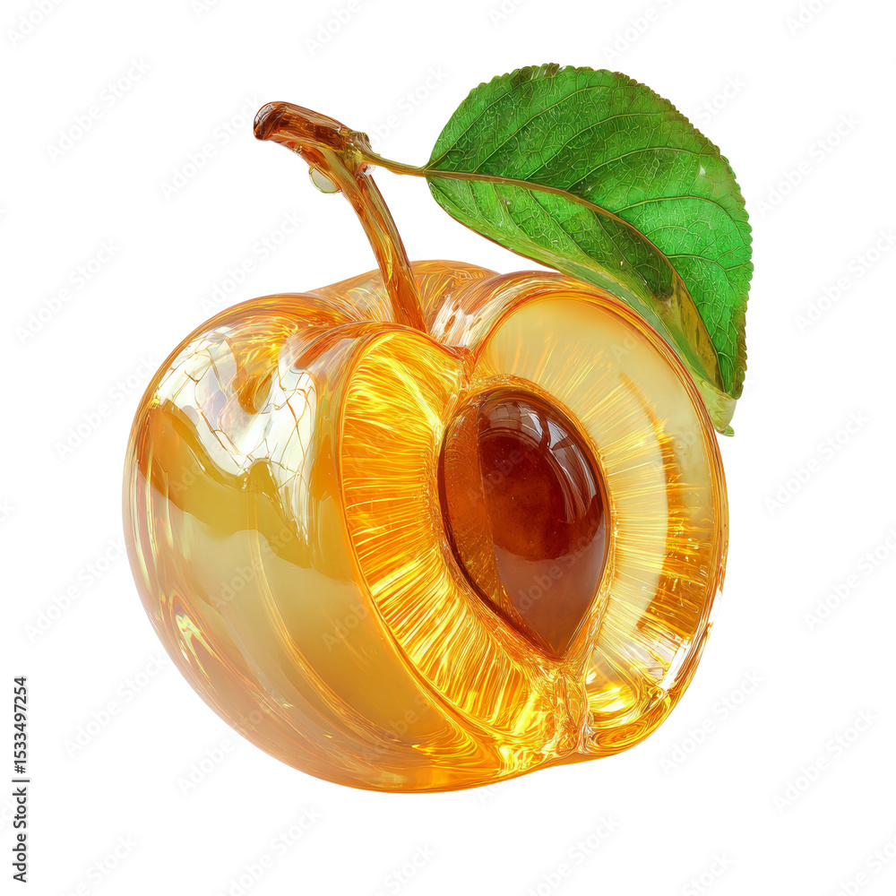 Poster translucent glass peach half with leaf showing internal structure isolated