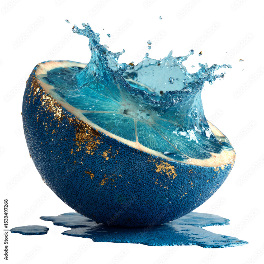 Poster abstract composition showcasing a blue citrus half with a dynamic water splash