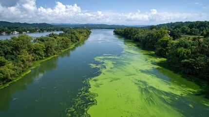 Lush Green Algae on Tranquil River Surrounded by Verdant Forests