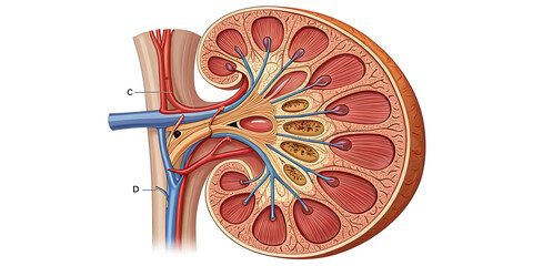 anatomy of the human kidney close up on white background