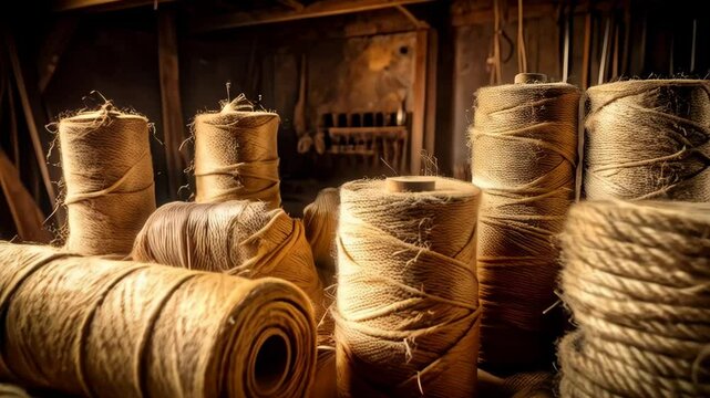 Close-up of rustic jute rope spools in a workshop bathed in warm sunlight, showcasing natural texture and craft details.
