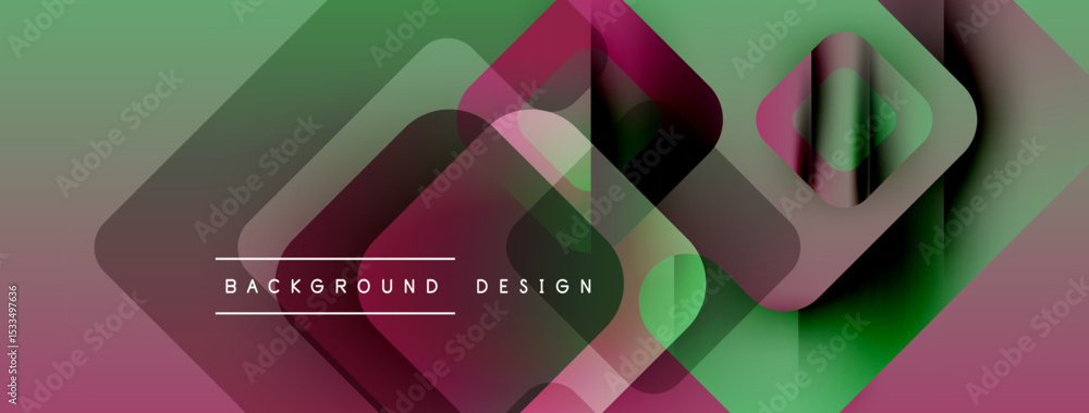 Poster Abstract geometric shapes overlap. Colors blendgreen, pink, purple. Modern design elements create dynamic visual texture. Background includes text background design.