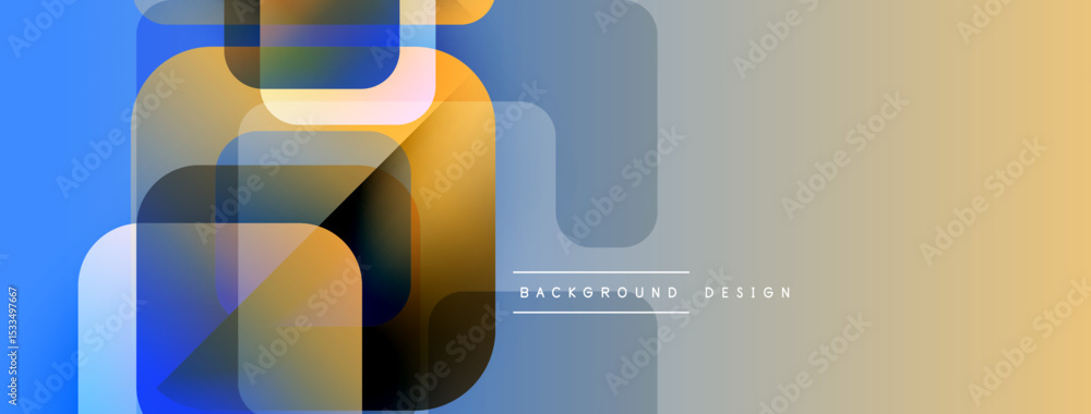 Poster abstract geometric shapes overlap, creating vibrant color gradients. design features blue, orange, b