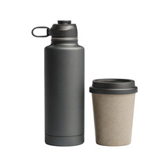 Modern matte black insulated water bottle and reusable coffee cup isolated against transparent background