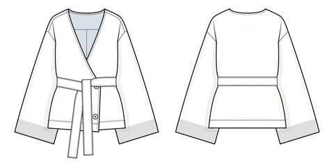 Wrap Belted Jacket Technical Fashion Illustration. Women’s Kimono-Inspired Jacket Vector Template. Front and Back View. Wide Sleeves. Waist Belt. Relaxed Fit. Minimalist Outerwear. CAD Mockup Set.
