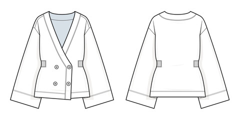 Double-Breasted Blazer Technical Fashion Illustration. Women’s Jacket Vector Template. Front and Back View. Wide Lapel Collar. Rib-Knit Side Panels.  Long Sleeves. Classic Length. CAD Mockup set.