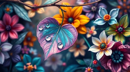 A vibrant assortment of flowers surrounds a heart-shaped leaf adorned with water droplets. The colors range from deep blues and purples to bright yellows and pinks