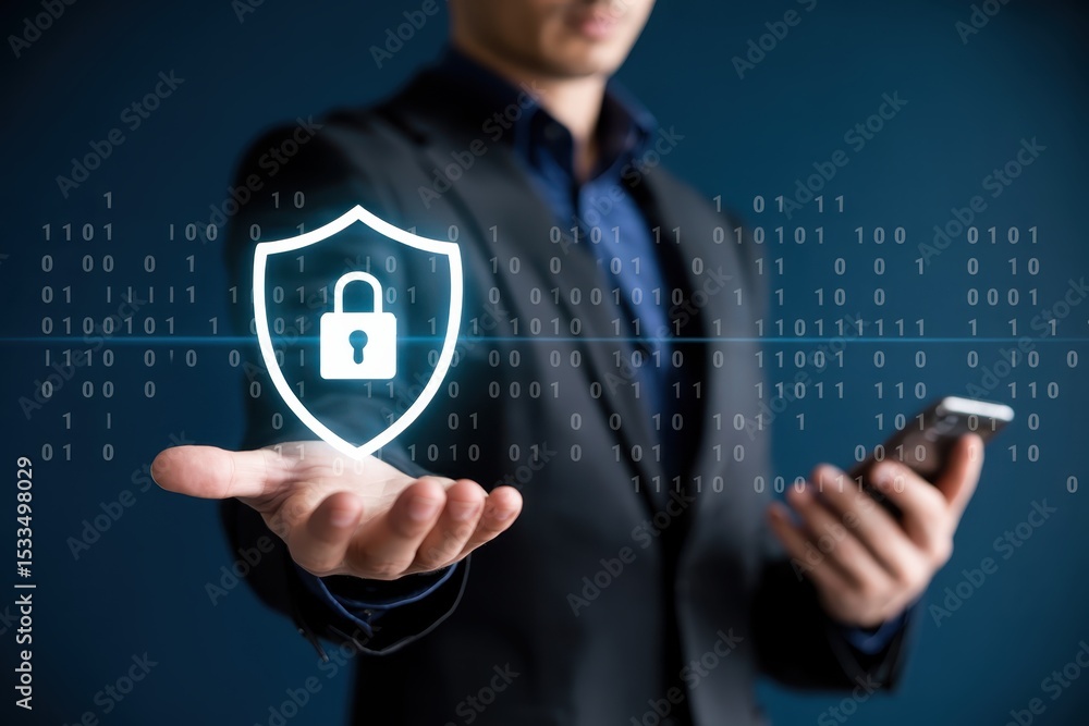 Poster a hand displaying a digital shield with a lock icon, symbolizing security.