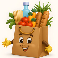 Vibrant 3D Render of a Cheerful Shopping Bag with Food Items - Supermarket & Retail Mascot