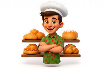 Happy Cartoon Baker with Fresh Bread and Pastries - Ideal for Food & Bakery Concepts