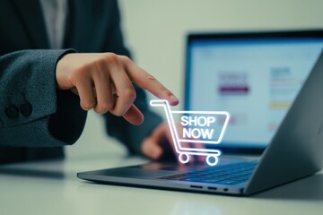 Person interacts with a shopping cart graphic on a laptop.