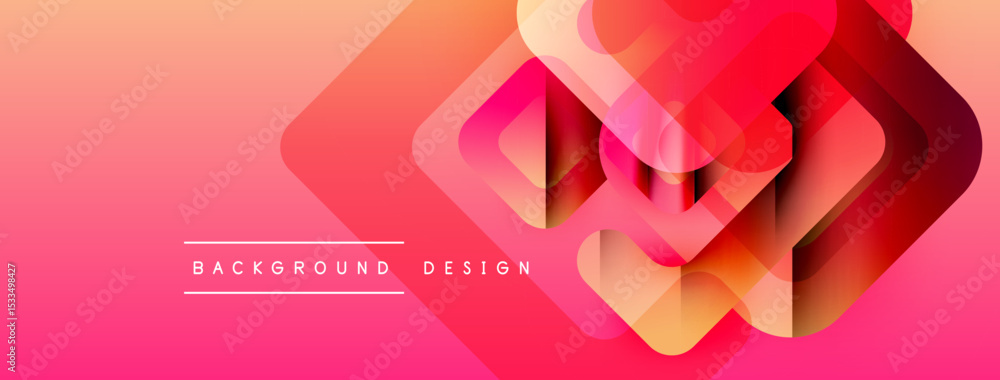 Poster Abstract geometric shapes overlap, creating vibrant pink gradient background. Text reads background design. Modern, dynamic visual composition.