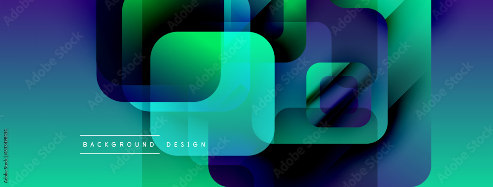 Poster Abstract geometric design. Overlapping squares create dynamic visual effect. Gradient colors blend smoothly, evoking modern aesthetic.
