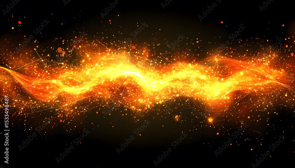 Poster dynamic abstract design with fiery orange particles.