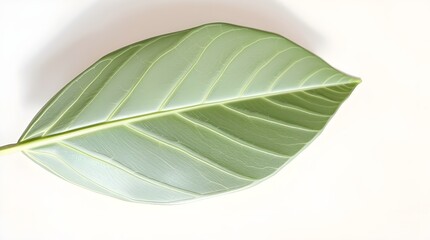 Obraz premium A single green leaf is displayed against a plain white background, showcasing its prominent veins and natural symmetry. 