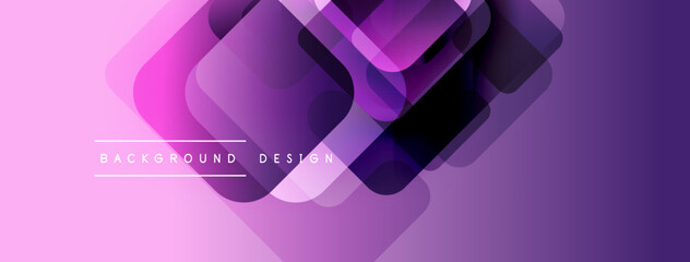 Abstract geometric shapes overlap, creating vibrant purple gradient. Modern design elements suggest technology, innovation. Minimalist style.