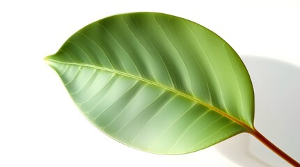 Fototapeta premium A single, vibrant green leaf is captured against a plain white background, showcasing its detailed veins and smooth surface. The leaf's natural curvature is highlighted by the light