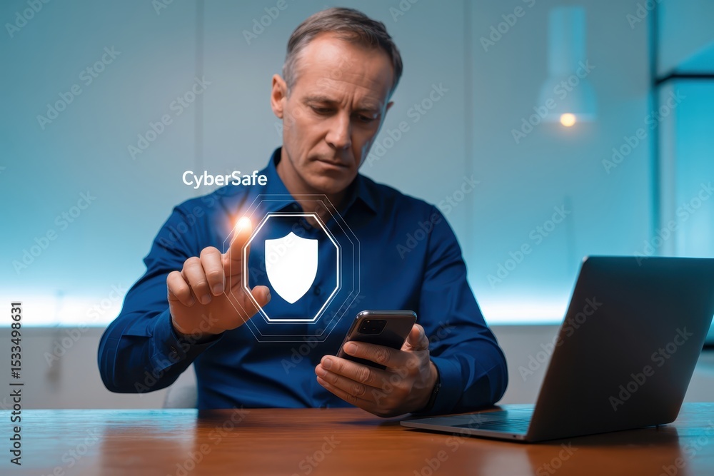 Aufkleber man interacts with a digital shield security icon on a smartphone.