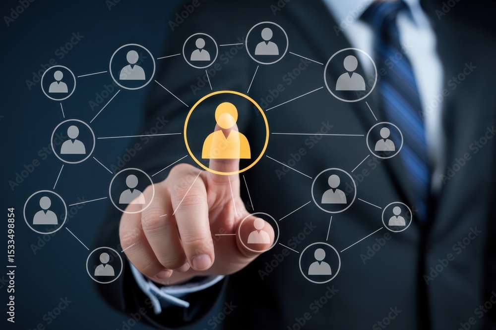 Poster hand highlighting a person icon in a network of interconnected user profiles.