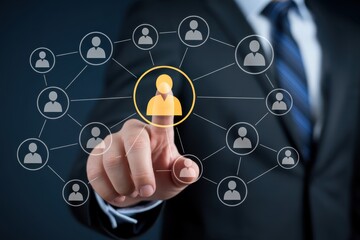 Hand highlighting a person icon in a network of interconnected user profiles.