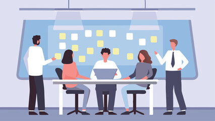 Group of people in a meeting room discussing ideas with sticky notes on a board in the background