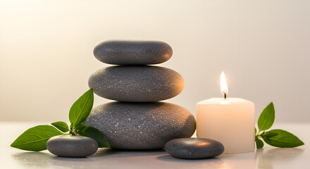 Obraz premium Peaceful Spa Setting with Stones, Candle, and Leaves