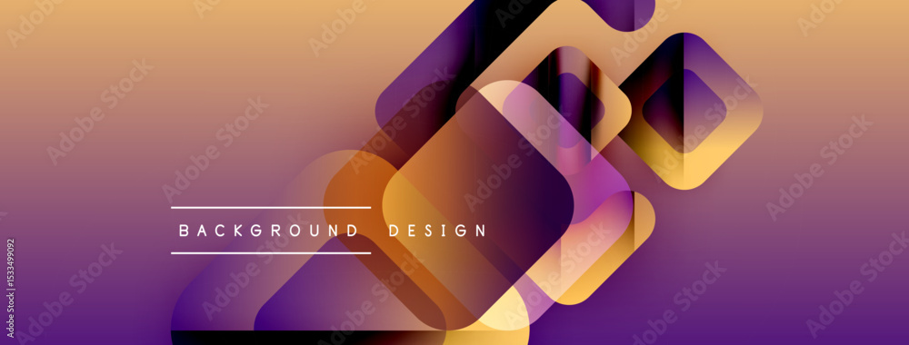 Poster abstract geometric shapes overlap, creating vibrant gradient background. purple, orange hues dominat