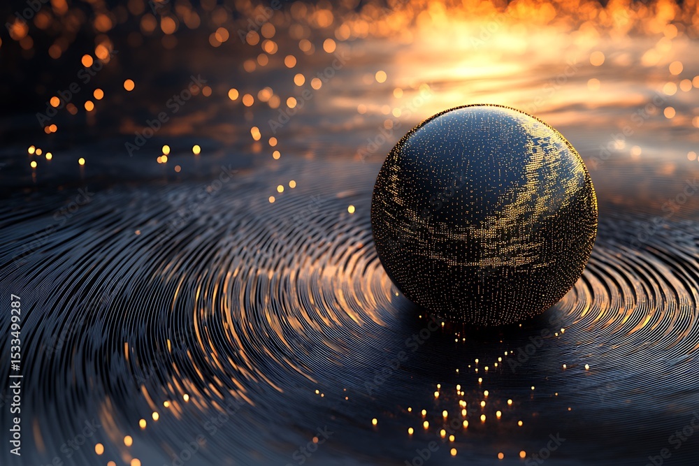 Poster a polished central sphere with rings moving in circular paths.