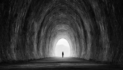 A solitary figure stands in a dark tunnel, symbolizing uncertainty.
