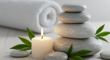Obraz premium Serene Spa Scene with Stacked Stones and Candle