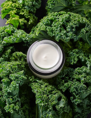 Organic skincare jar paired with kale leaves and herbs, top-down view, green clean beauty concept