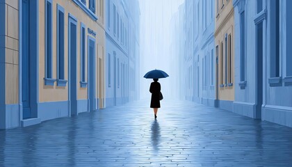 A solitary figure walking in a misty street with an umbrella.