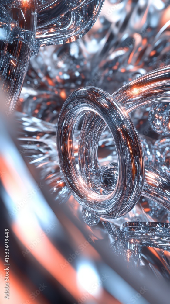 Poster translucent interweaving structures create a complex, luminous, swirling network
