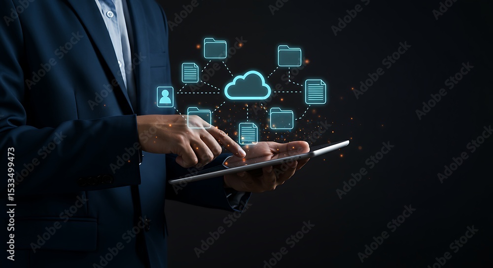 Poster business professional interacting with cloud computing system on a digital tablet device