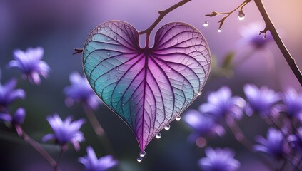 A vibrant heart-shaped leaf with a gradient of purple to blue hues dangles from a thin branch, adorned with dewdrops. The background features soft-focus purple flowers illuminated by a gentle light
