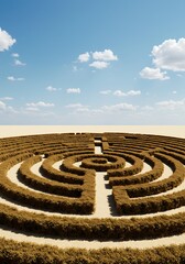 Aerial view of a circular hedge maze under a bright blue sky and fluffy white clouds