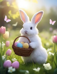 White fluffy Easter Bunny with small basket with decorated eggs beside flowers and butterflies in the meadow, vertical card
