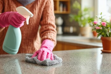 Person in Pink Rubber Gloves Cleaning Kitchen Counter with Spray Bottle