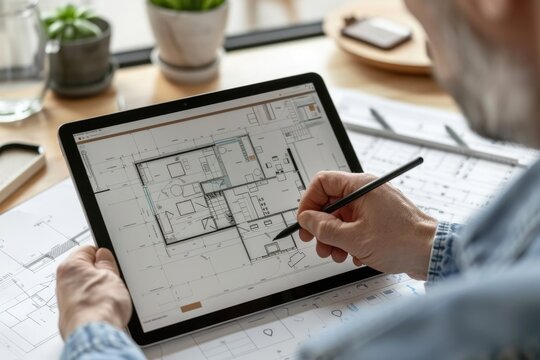 Architect designing house plan on tablet using stylus pen