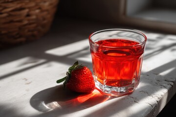 Vibrant Red Strawberry Juice in Glass with Fresh Strawberry on White Rustic Table