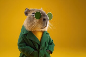 Stylish Capybara in Mint Green Suit and Sunglasses Against Bright Yellow Background